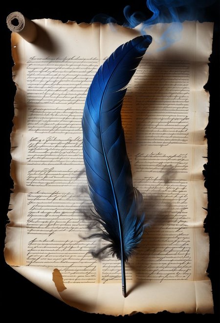 mysterious phoenix feather gliding through the air, feather dissolving into smoke, single drop of deep blue ink dropping from the tip of the feather into a half full ink pot while an old piece of aged paper scroll with beautiful writing and burning edges is hovering in the middle of it all, lightrays backlighting glorious feather, burning paper scroll dissoliving into smoke, lightrays backlighting smoke, fading blue red background, by Minjae Lee, Carne Griffiths, Emily Kell, Steve McCurry, Geoffroy Thoorens, Aaron Horkey, Jordan Grimmer, Greg Rutkowski, amazing depth, double exposure, surreal, geometric patterns, intricately detailed, bokeh,  perfect balanced, deep fine borders, artistic photorealism , smooth,  great masterwork by Suiras  <lora:add-detail-xl:2>  <lora:Double_Exposure:0.5>