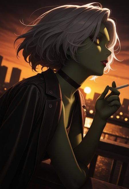 masterpiece, best quality, Graphic Design, color art, vibrant colors, colorful, intricate details, high contrast, cinematic lighting, detailed background, beautiful detailed, beautiful face, detailed eyes, detailed face, new, newest, 1girl, solo, raidserris, short hair, silver hair, yellow eyes, colored skin, green skin, makeup, lipstick, mole, choker, looking away, evening, sunset, orange sky, cloudy, dark, city, dutch angle, depth of field, film grain, bokeh, perspective, parted lips, holding cigarette, leaning forward, dark, leaning on railings, bridge, wind, upper body, jacket over shoulders, black tank top,