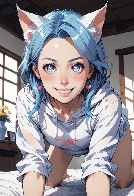 score_9, score_8_up, score_8, commix style, 1girl, Catgirl, slimes_aizome, solo, blue hair, white cat ears, white cat tail, heart eyes, oversized hoodie, on bed, all fours, leaning forward, face focus, highly detailed, dynamic angles, dynamic pose, very amazed, smile, big eyes, Expressiveh, vivid colors, looking at viewer, low angle, view from below