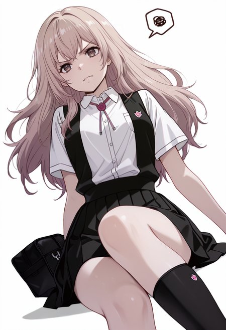 masterpiece,high quality details, absurdres,
 <lora:Kazusa_Ootori_V2:0.8> kazusa_cnr, 1girl, light brown hair, long hair, brown eyes,kazusa_s1, school uniform, white shirt, short sleeves,pleated skirt, suspender skirt,ribbon, socks, kneehighs,, simple background, white background, dynamic angle,solo,, annoyed,crazy,