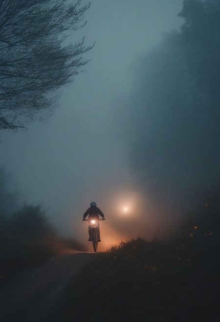 OverallDetail high-speed off-road bike photography, during twilight, dramatic, moddy, misty environment, low contrast muted color tones, shot on 500 mm anamorphic lens, with an extreme shallow depth of field, creating a dreamy lens flare, atmospheric fog, cinematic masterpiece, neo noir aesthetic, movie still, bloom, 4k uhd, intricate details
