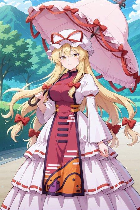 absurdres, highres, masterpiece, best quality, amazing quality, official anime artwork, screencap, anime screencap, outdoors, looking at viewer, light smile, dynamic pose, standing,
<lora:Yukari-Yakumo_IllustriousV2:1>  yakumo yukari, 1girl, solo, yellow eyes, blonde hair, long hair, sidelocks,, yakumo yukari \(scarlet\), alternate color, alternate costume, mob cap, white hat, hat ribbon, hair bow, red bow, white dress, frilled dress, ribbon-trimmed dress, juliet sleeves, puffy sleeves, long sleeves, red tabard, trigram, black boots, holding umbrella, needle,