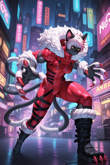 masterpiece, best quality, amazing quality, absurdres, yaanablackcat, black skin, black fur, furry female, yellow eyes, cat girl, cat mouth, snout, anthro, cat paws, cat ears, multiple tails, red claws, long claws, red bodysuit, muscular, thick arms, thick legs, black boots, solo, smile, serious, fighting stance, medium breasts, outdoors, science fiction, neon lights, cityscape, skyscrapers