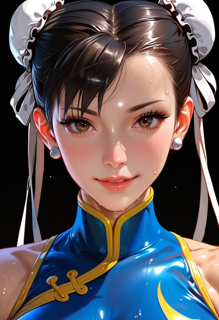 Chun-Li, Close-up details, realistic style photo Japanese young woman, dark hair, long hair, outstanding style, tall, cute, adult. Use soft lighting to cast gentle shadows on the subject, adding a touch of dimension to your images without compromising details, score_9, score_8_up, score_7_up, sweaty, wet, shiny skin, CHUNLISF, tight clothes, a bit muscular, huge breast, dumb but cute face, sexy body, naive face, gentle face, dumb face, clumsy and cute