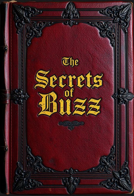 An ancient dark red leather tome cover, ornamented iron borders, gold leaf accents, with the title "The Secrets of Buzz" in Germanic Font, heavy book, very old, dusty, iron reinforced