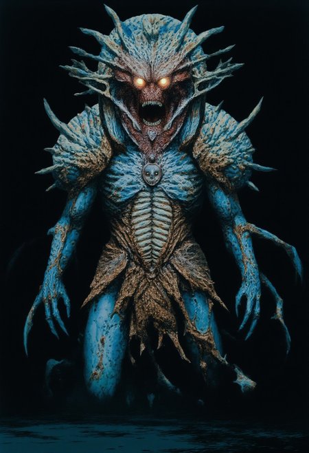 b3rs3rk macro lens d4concept pov, 3D01S, simple background d4artstyle atmospheric and powerful MikeFranchinastyle dark fantasy, natural organic and first person pov of a berserk style creature in the
Tsutomu Nihei style 
Colossal deep-sea eel creature with biomechanical aesthetic, translucent ghostly-blue flesh revealing internal structures. Enormous circular maw filled with concentric rings of crystalline teeth, multiple rows deep. Massive lidless eyes with bioluminescent glow, surrounded by broad fin-like sensory organs resembling gothic architecture. Serpentine body with segmented bone-like plating and ethereal membrane fins undulating along length. Vestigial arms ending in sharp bio-mechanical pincers, legs with six webbed claws emerging from scaled hide. 
Skin texture transitions between translucent realistic blue membrane and armored plates with muddy brown base and intricate patterns of black and tan speckles. Underwater lighting creating ethereal glow effects and deep shadows, light filtering through membranous parts of body. Air bubbles and particles floating around creature suggest massive scale. Background features deep ocean darkness. 
UHD letterboxed game trailer frame chromatic aberration dark atmosphere sharp masterpiece with a focus on the character, elden ring style, dark atmosphere, chromatic aberration
