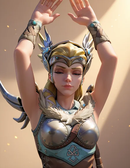 score_9, score_8_up, score_7_up, Masterpiece, high-res, 2k, best quality, 2.5d, 1girl,valkyrie mercy, mercy (overwatch)  <lora:valk_mercy_pony-000043:1> Arms up above head palms touching