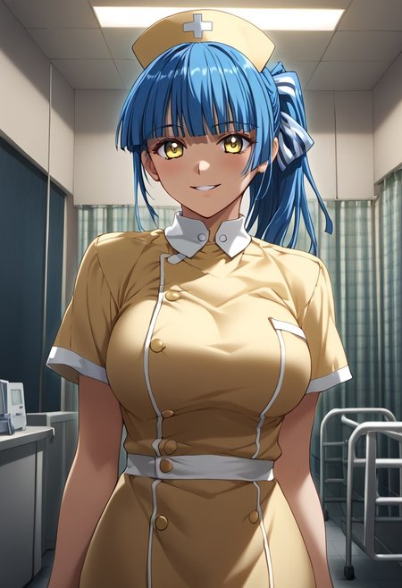 score_9,score_8_up,score_7_up,source_anime,5_figner,2d_animation,game cg,BREKE,1girl,solo,
Yubiki Shitone,yellow nurse,yellow nursecap,blue hair,ponytail,blue hair,white thighhighs,white collar,hair ribbon,
large breasts,front view,upper body,smile,blush,
hospital,standing,
masterpiece,best qualit,ultra-detailed,illustration,an extremely delicate and beautiful,beautiful detailed eyes,unity 8k wallpaper,high resolution,anime CG,official_art,