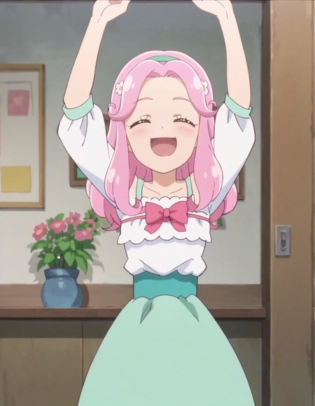 score_9, score_8_up, score_7_up, anime screencap, solo,1girl,hanamikotoha, closed eyes,pink hair,pink  bow,green skirt, hairband,white dress,arms up,open mouth,cowboy shot,smile,blush,looking at viewer,small breasts,<lora:hanamikotoha:0.8>