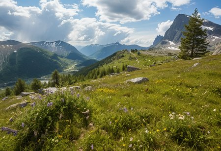 (no human:1.18), scenic wide open alpine landscape, flowering juicy mountain meadow at springtime, Scandinavian Mountains(butterflies:1.14), group of  birch trees, big rocks tered, (Hawk's nest) A bulky, twiggy structure high in a pine tree, with a vigilant bird 
(Mountain wildflowers: Wild thyme (Thymus serpyllum)Snow gentian (Gentiana nivalis) 
(clouds dapple sunlight, rain in the distance,:1.18)
(Sunny mid-afternoon, harsh, direct sunlight, strong shadows, warm, golden tones)(trending:0.89) (epic:0.78, (RAW:1.05),high definition,  <lora:sdxl\Hyper_Realism_Pony_XL.safetensors:0.85:0.18>  p4,s12