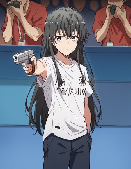 score_9, score_8_up, score_7_up, source_anime, <lora:yukino-yukinoshita-s2s3-ponyxl-lora-nochekaiser:1>, yukino yukinoshita, black hair, blue eyes, long hair,, <lora:yusuf-dikec-ponyxl-lora-nochekaiser:1> yusuf dikec, yusuf dikec (meme), meme, hand in pocket, handgun, holding gun, gun, shirt, t-shirt, pants, audience,, , cowboy shot,