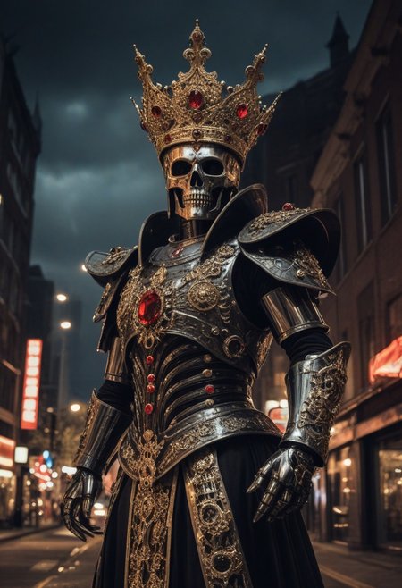 , 16k, raw, (ultra high picture quality), (intricate details), (strong fisheye lens photo/ intense fisheye view photo), ((bottom lit/)/(underlighting)), full body,  large view, ((dynamic photograph of a giant macabre riveted chrome and gold mechanical_robotlike_deity ) (tall jewelled mitre crown) (black and red smock), (holding a long (was-sceptre) stylized sceptre of power with an animal head at the top), ( is agressively and actively destroying the city)), (outside late at night during an electrical storm),
[horror , (double exposures), (low opacity overlays), nighttime, outdoor, realisticvision-negative-embedding, ]