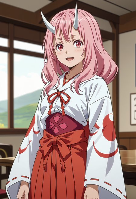 score_7_up, anime screencap,
<lora:TenSura_ShunaXL:0.9>,
1girl, solo, open mouth, light smile,
long hair, pink hair, pink eyes, white horns,
ShunaDress, miko, white kimono, red ribbon, underbust, red hakama, ribbon-trimmed sleeves,
looking at viewer, cowboy shot,
blurry background, indoors