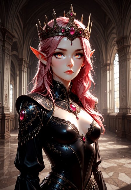 masterpiece, best quality, amazing quality, very aesthetic, female, solo, (depth of field), medieval setting, indoors, day time, palace,

elf, pink hair, cute face, slender, small breasts,( long hair swept to one side:1.2), beautiful, kawaii, short pointy ears, hazel eyes, royal garments, dark clothing, jewelry, gunmetal crown, dark crystal


walking, looking at viewer, palace floor, palace walls, 

Expressiveh, eyesHD, high gradient eyes, detailed eyes, high definition eyes, incoth, (incase:0.6), xbv2-illu
