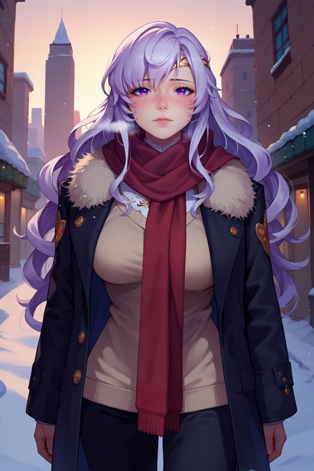 score_9, score_8_up, score_7_up, score_6_up, source_anime, 1girl, solo, <lora:fedeirdre-pdxl-nvwls-v1-000006:1> defdrd, wavy hair, white hair, long hair, purple eyes, circlet, breasts, red scarf, beige sweater, black pants, black coat, winter, looking at you, heavy breathing, blush, boots, city