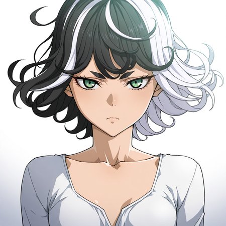 masterpiece, best quality, very aesthetic, absurdres, detailed, detailing, break, ice-place-don style, 1girl, black hair,white hair,multicolored hair,breasts, small breasts, green eyes, short hair, curly hair, solo