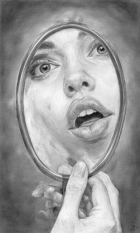 monochromatic pencil drawing featuring a close-up of a person's face reflected in an oval-shaped mirror. The subject's face is partially obscured by the mirror, with only the right eye, nose, and part of the mouth visible. The eye is wide open, and the subject has long, dark eyelashes. The nose is prominent, with a small beauty mark on the left cheek. The person's lips are full and slightly parted, with a visible tongue. The subject's hand, with a manicured nail, is delicately holding the mirror up to the face, emphasizing the intimate and introspective nature of the image. The background is a gradient of dark shades, providing a stark contrast to the detailed and textured reflection of the face. The drawing style is highly expressive, with a focus on shading and texture to create a sense of depth and realism. The overall mood is introspective and contemplative, with the mirror acting as a metaphor for self-reflection and introspection. The artist's signature, "C. D. B," is visible in the bottom right corner of the image., aidmaimageupgrader, aidmamj6.1,