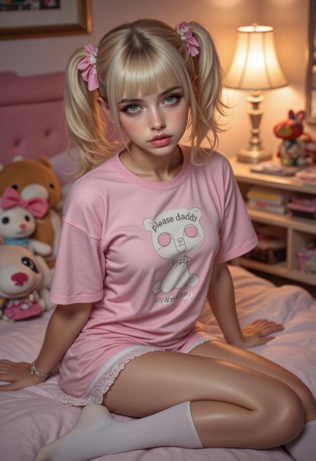 A professional photograph, taken in close up, of an attractive, petite young woman with big blue eyes and her blonde hair in short twintails. She is wearing a pastel pink t-shirt dress that barely reaches her thighs with a cute logo and text "please daddy". She has her legs tucked underneath her, with her feet visible. She is wearing white ankle socks with a decorative frill, and cute hair accessories. Her head is tilted as she looks up adoringly at the viewer. She is seated on a bed in a cute girly bedroom, surrounded by stuffed toys. It is night and the room is dimly lit by lamplight 