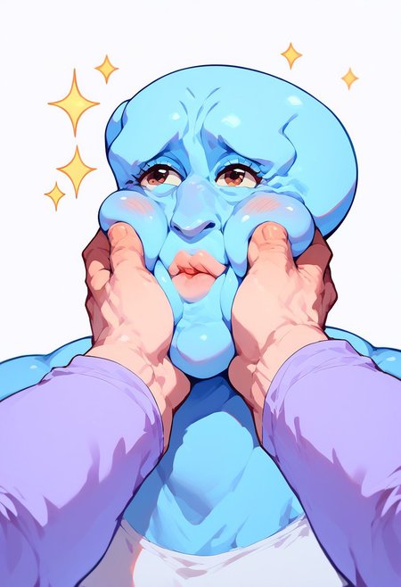 score_9, score_8_up, score_7_up, 1girl, cheek squash, hands on another's face, hands on another's cheeks, solo focus, pov hands, puffy cheeks, blush, happy,  handsomize, blue skin, colored skin, muscular, bald, sparkle
