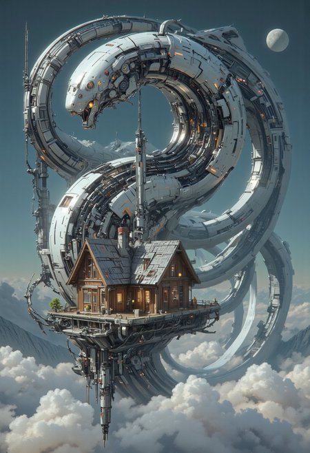 <lora:ck-Sci-Fi-Concepts:0.7>,
A mesmerizing, hyper-detailed masterpiece, HD, 8K quality, featuring a cozy rustic cottage floating high above the sky, surrounded by swirling clouds illuminated by soft moonlight. The cottage, with its curved wooden roof and glowing windows, exudes warmth and charm, contrasting with the surreal and dreamlike atmosphere. A massive, robotic white eel coils around the cottage, its body composed of segmented metallic pipes and sleek, articulated spines that shimmer faintly with a pearlescent glow. The eel's intricate design features glowing circuits and subtle engravings, with joints and mechanical components emitting soft white and blue light as it twists gracefully through the air.
The surrounding clouds ripple and swirl as if influenced by the eel’s mechanical presence, reflecting a spectrum of cool silvers, blues, and hints of metallic gold.
The scene captures a delicate balance between tranquility and futuristic grandeur, blending the serene charm of the cottage with the surreal majesty of the robotic white eel and its intricate, mechanical beauty in a celestial dreamscape
<lora:ck-Neurocore-Realistic-Cyborgs:0.6>
<lora:flux.1_lora_flyway_Epic-detail_v2:0.6>
<lora:CPA:0.5>
<lora:test2:0.7>