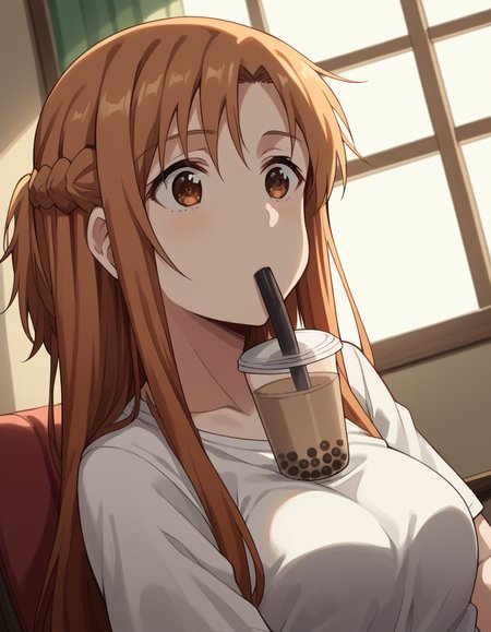 score_9, score_8_up, score_7_up, source_anime, asunayuuki, <lora:asuna-yuuki-s1-ponyxl-lora-nochekaiser:1>, asuna yuuki, long hair, brown hair, brown eyes,, <lora:bubble-tea-challenge-ponyxl-lora-nochekaiser:1>, bubble tea challenge, bubble tea, object on breast, drinking straw, drinking straw in mouth, drinking, cup,, indoors, sitting, looking down,, cowboy shot, dutch angle,