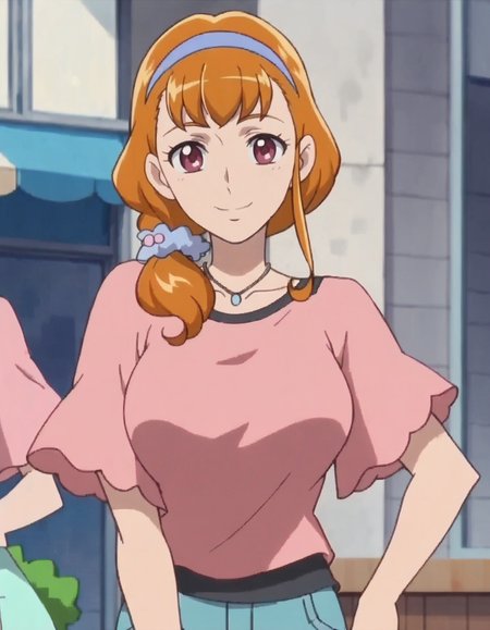 score_9, score_8_up, score_7_up, anime screencap, solo,1girl,asahinakyouko, hairband,necklace, jewelry, pants, smile, shirt, looking at viewer, pink shirt,  short sleeves,cowboy shot,large breasts,wide hip,<lora:asahinakyouko:0.8>