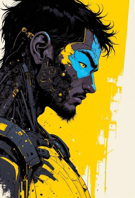 illustration art, upper-body, man, front, gaze, bright yellow eye, black and yellow with blue limit three colors, outline style, artistic, series, original