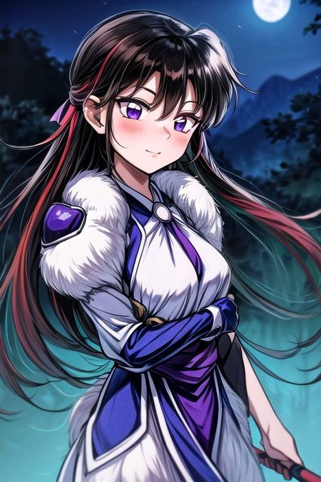 masterpiece,  best quality 1girl Setsun4 solo long hair,  (night time) forest background black hair very long hair purple eyes multicolored hair armor (fur trim) (medium body),<lora:EMS-179-EMS:0.800000>,<lora:EMS-293862-EMS:0.800000> bow, hair_bow, hair_tubes, red_bow, brown_hair, long_hair, bangs, ascot, frilled_bow, yellow_ascot, blush, smile, hair_between_eyes, athletic, armor, miko