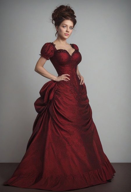 safe_pos, score_9, score_8_up, score_7_up, rating_safe, concept art, semi-realistic, 1girl, solo.
Young beautiful face, fit body, Blue eyes.
(Big breast:1.2), (Round breast:1.5).
BustleDress, Bustle Dress, Dress.