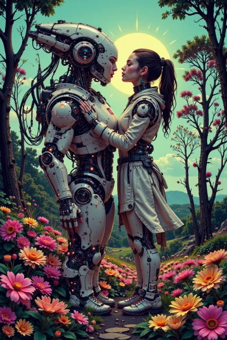 a woman kissing a female robot beautiful  landscape, morning, woman, very intricate, very detailed, sharp, bright, colorful, <lora:Hand v2:0.5> <lora:Anti-Blur:1><lora:Insane Detail Slider:0.25>  <lora:flux.1_lora_flyway_Epic-detail_v2:0.3> <lora:fluxenhancer:0.25> <lora:ck-Neon-Retrowave:0.4> ck-rw, in the style of ck-rw,  <lora:Neurocore Anime Cyberpunk:0.8> A digital artwork in the style of cknc