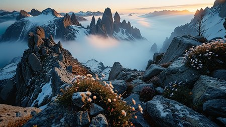 A cinematic wide shot photography of the view On the narrow summit of a craggy peak overlooking a mist-filled valley where granite spires rise and Alpine asters cluster among the rocks. At winter dawn, rosy light strikes frost-covered outcrops, a bone-chilling stillness hangs in the air, and each breath mists as the valley vanishes under swirling snow. ,, masterpiece, best quality, amazing quality, very aesthetic, high resolution, ultra-detailed, absurdres, scenery, film grain, HDR, 8K, high contrast, realistic, cosplay, muted lithing, sharp focus, (chromatic aberration), fine details,