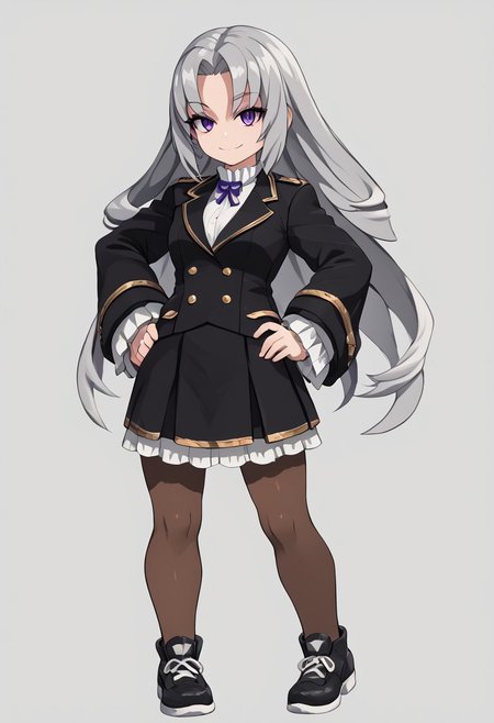 score_4,score_5,score_6,score_7_up,score_8_up,score_9
((masterpiece,best quality,ultra detailed,highres,HD,4k:1.2)),
1girl,solo,grey hair,long hair,Forehead,parted bangs,purple eyes,Strong-willed, strong-willed woman, sharp eyes, slanted eyes,
Black jacket,long sleeves,white shirt,black skirt,pantyhose,brown pantyhose,black shoes,
hand on hip,standing,
smile,