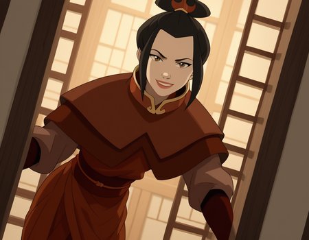 score_9, score_8_up, score_7_up, source_anime, <lora:azula-book2-ponyxl-lora-nochekaiser:1>, azula, black hair, brown eyes, topknot, sidelocks, hair bun, single hair bun, chinese clothes, capelet, sash, long sleeves, elbow gloves, , indoors, bent over, smile, looking at viewer, solo, cowboy shot, dutch angle