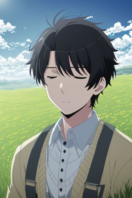 high resolution, solo, best quality, 1Boy, Inaho Kaizuka, Black Hair, sleep, meadow hills, wind breeze, OverallDetail