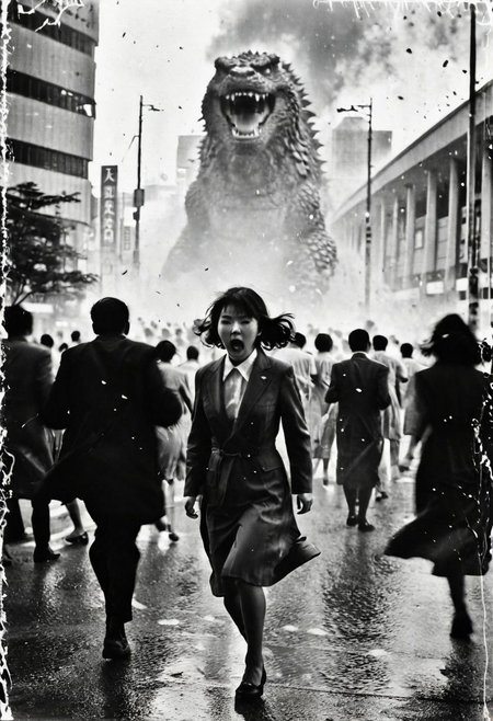 B&W 35mm vintage photo of Shibuya crossing, people run in panic, face expressions visible, godzilla attack, panic everywhere, panic in every face, everyone running in panic, running for their lives