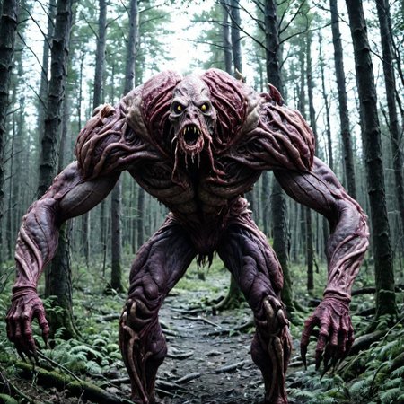 a fleshmutant creature in the woods,raw photo,cinematic shot,found footage,horror