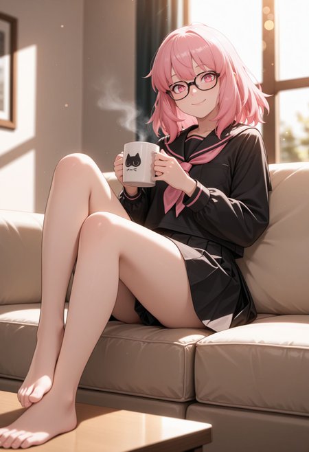 masterpiece,best quality,absurdres,highres,very aesthetic,high quality,detailed,insanely detailed,beautiful,perfect lighting, ,depth of field,blurry background,bokeh, holding mug of coffee, living room background, laid back, sitting on couch, sunlight, looking at viewer, foot on table, cozy, high resolution, ultra-detailed, absurdres, masterpiece, best quality, good quality, newest, smile
, <lora:Pop Step v2 illu:1>
1girl, pink hair, pink eyes, medium hair, black-framed eyewear, glasses, black shirt, serafuku, ,black skirt shirt, school uniform,