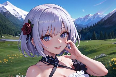 (masterpiece:1.4), 4K8K, (anime style), (high shutterspeed:1.4), (sharp edges), 
SyFyEye1, 
1woman  hands togather,  leaning foward, face focus, smile, 
wearing Celtic style dress, (Detailed face, Detailed eyes), 
any colored roses, Alps in the background,