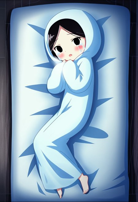 zPDXL3, source_cartoon, Perfect Hands, full body,
1girl, solo, bedroom, looking at viewer, saoirse, black hair, black eyes, blush, ghost, hood up, robe, barefoot, glowing, lying on bed, from above, lying on side, facing at viewer, feeling cold, eyes open, crying sadly, open mouth, sleeve past wrist, slim body, long body, highlight cloth wrinkle, anime style,
<lora:Perfect Hands:1>  <lora:Saoirse_-_The_Song_of_the_Sea-000009:1>