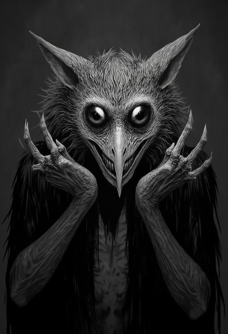 A professional photo of a hauntingly surreal black-and-white image of a humanoid owl creature, inspired by jitostyle,blending the features of an owl with the terrifying traits of a predatory beast. Its large, glossy black eyes radiate intensity, while its sharp, angular beak forms a wicked, toothy grin. The feathers around its face are meticulously detailed, giving it an eerie sense of realism. Clawed hands extend menacingly, fingers curved and sharp, as though it's ready to pounce. The creature’s stance is confrontational, its unsettling grin and powerful presence enhanced by the shadowy, dramatic lighting. The monochromatic palette intensifies the ominous, otherworldly aura.RPG Style