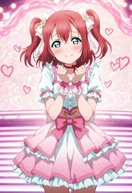 masterpiece, best quality, solo, 1girl, aged up, happy, 
 ruby_kurosawa, kurosawa_ruby, short hair, bangs, red hair, aqua eyes, green eyes, two side up, frilly idol outfit, pink and white color scheme, heart motifs, ribbon choker, puff sleeves, lace trim, flower hair accessory, pastel-lit stage, heart-shaped lights, twinkling backdrop, soft music box melody, blushing smile, shy but happy performance