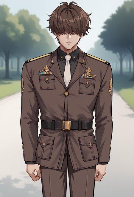 score_9, score_8_up, score_7_up, source_anime BREAK 1boy, solo, male focus, <lora:commander-nikke-richy-v1_pdxl:1> nikke-commander, hair over eyes, brown hair, short hair, brown jacket, military uniform, white necktie, brown pants, black shirt ,standing, closed mouth, expressionless, outdoors, post-apocalypse,