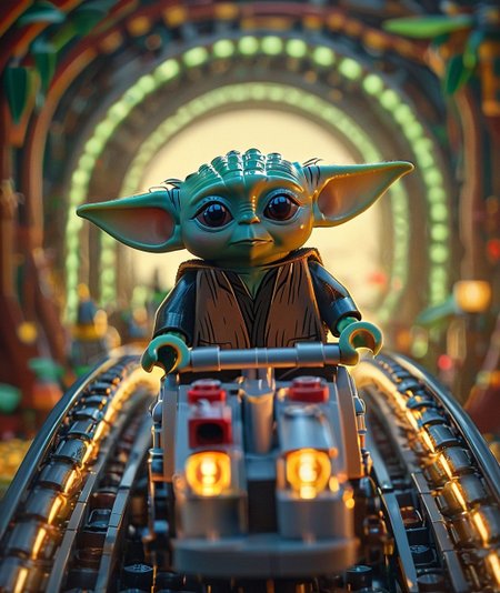 1Baby Yoda riding plastic Lego style  riding  colourful roller coaster together,  cute , smiling
 <lora:Lego_Cinematic_Lora:1.2>, cinematic, colorful background, concept art, 8k, dramatic lighting, high detail, highly detailed, hyper realistic, intricate, intricate sharp details, octane render, smooth, studio lighting, trending on artstation., cinematic  photorealistic, 8k uhd natural lighting, raw, rich, intricate details, key visual, atmospheric lighting, 35mm photograph, film, bokeh, professional, 4k, highly detailed