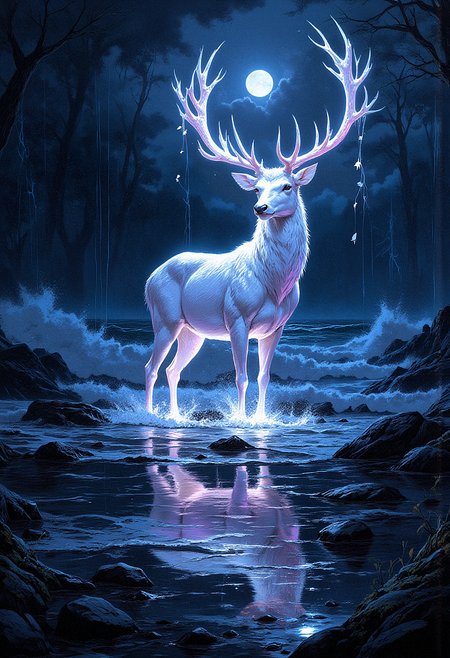 A glowing white stag with ethereal, luminous antlers stands in the center of a dark, enchanted forest. Its body is illuminated with soft white light, and its tall antlers appear to glow with pastel hues of pink, purple, and blue, blending into the surrounding atmosphere. The stag stands still, facing forward, with delicate white leaves floating around it, as if carried by a magical breeze. Its reflection is perfectly mirrored in the calm, dark water at its feet. The stag's eyes are calm and wise, radiating a sense of mystical serenity.   A stormy sea at night with crashing waves and flashes of lightning illuminating the dark clouds. The moon is partially visible, casting a faint glow over the tumultuous water. The atmosphere is tense and dramatic, with a strong sense of impending danger. Dark rocks are scattered along the shore, contrasting with the violent movement of the waves.    <lora:FluxMythP0rtr4itStyle:0.8> MythP0rt, <lora:aidmaMJ6.1-FLUX-V0.2:0.6> aidmaMJ6.1, <lora:sxz-Dark-Fantasy-v2-Flux:0.66> drkfnts style,