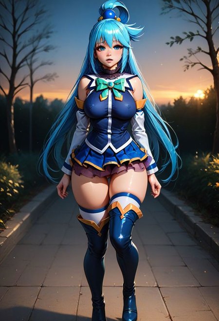 score_9, score_8_up, score_7_up, score_6_up, score_9, score_8_up, thight,
(massive gaping boobs:1.5)
(Red wet tiny lips)
Aqua(/Konosuba)/,(ultra HD quality details), pale skin, blue eyes, blue hair, long hair, hair ornament, hair rings, single hair ring
detailed eyes, large breast, wide hips, narrow waist, Expressiveh rating_explicit, big breasts, 
blue footwear, blue hair, blue thighhighs, boots, detached sleeves, thigh boots, thighhighs, white thighhighs, thighhighs, bare shoulders,  blue skirt, blue shirt, green bow,
outdoor, sunset, park walkway, fun walk,
