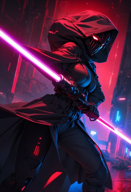 (masterpiece), best quality, (4K), (cinematic red lighting), Colorful, vibrant, spot color, highly detailed, sharp, high resolution, 4K, UHD, 8K, masterpiece, ultra_high_resolution, OverallDetailXL, sci-fi, medieval neon lights, gloe, dramatic contrast, extraordinary, hyperrealistic, cinematic lighting, complex, immersive, intricate, 1girl, solo, sith outfit, star wars, led, hooded cloak, holding blade, red lightsaber, dynamic angle, stance, attacking, ultra highres, absurdres, deep glow effect, hdr, light particles, cinematic lighting, depth of field