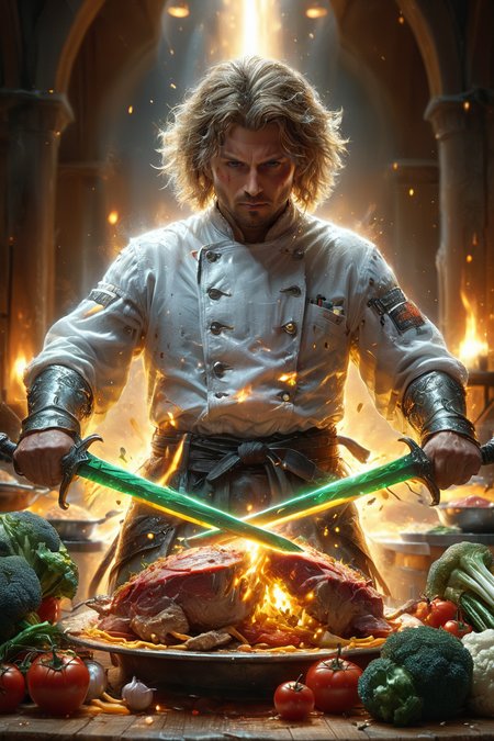 amazing quality, masterpiece, best quality, hyper detailed, ultra detailed, UHD, perfect anatomy, Surreal, magic world, 
(a chef handling food with 2 swords:1.3), desk,( swords covered by energy flow:1.3), mince meat, cut vegetables, meat, vegetables,
(wearing white armor:1.3), show face, rich facial expressions, exaggerated expression, disheveled hair, glowing sword, flying ingredients,
outstretched arm, outstretched hand, stylish pose, soul effects, 
<lora:XL_Weapon_Dual_Swords_-_By_HailoKnight:0.85>, Dual Swords, 
<lora:ral-sprnva:0.75>,  ral-sprnva, 
<lora:add-detail-xl:0.85>,
<lora:EnvyBetterHiresFixXL01:1.0>,
<lora:extremely_detailed:1.0>, extremely detailed,
