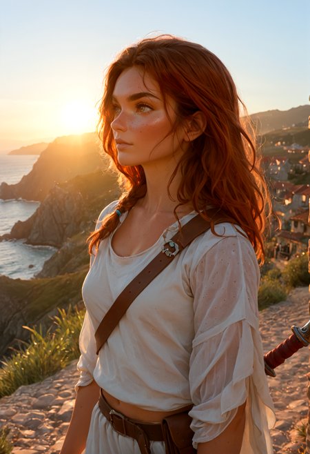 (photorealism:1.5)
female adventurer, walking with sword strapped, contemplative expression,   coastal village in the background, soft lighting, vibrant colors, high contrast, hyper-realistic, relaxed pose, detailed, high-definition, peaceful walk, reflective mood, serene atmosphere
slight freckles, long eyelashes, thick eyebrows, floating hair, wind, shoulder protector, looking to the side, facing to the side, 
 <lora:polyhedron_golden_hour_000006:1> golden hour, sunset, sunrise