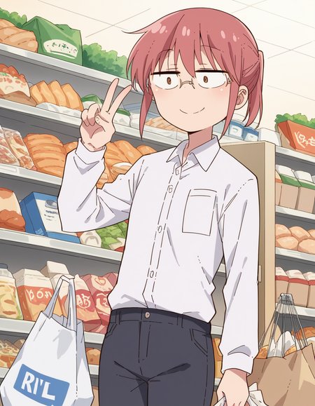 score_9, score_8_up, score_7_up, source_anime, <lora:dragon-kobayashi-s2-ponyxl-lora-nochekaiser:1>, kobayashi, ponytail, pink hair, glasses, short hair, brown eyes,, shirt, long sleeves, white shirt, collared shirt, pants, black pants, office lady,, grocery store, cashier, shopping bag, scanning items, small talk, everyday routine, smile, , v, v over eyes,, solo,, dutch angle,