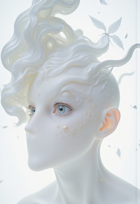 A closeup, surreal, ethereal portrait of a woman with a hauntingly beautiful, almost angelic presence. Her pale complexion is luminescent, blending seamlessly into the pure white background, creating an impression that she is emerging from light itself. Her very large piercing blue eyes are the focal point, their crystalline clarity and soft glow conveying a sense of otherworldly wisdom and calm. Her long lashes are bold and dramatic, contrasting starkly against her porcelain skin, drawing the viewer's gaze deeper into her haunting stare. Her features are delicately sculpted, with high cheekbones, a perfectly straight nose, and soft, full lips that hold a subtle, neutral expression, suggesting serenity and quiet strength. Her platinum-white hair flows and floats softly upwards, emphasizing her celestial appearance. The fine strands are light and wispy, blending seamlessly into the white backdrop with white ashes falling around her, adding to the ethereal atmosphere. The lighting is diffused and even, erasing shadows and creating a minimalistic aesthetic that places full focus on her striking features. The overall composition feels timeless, as if capturing the essence of purity and perfection, with a soft, dreamlike quality that invites introspection and awe. The simplicity of the image enhances its mystique, creating a profound, angelic presence that feels both familiar and otherworldly.